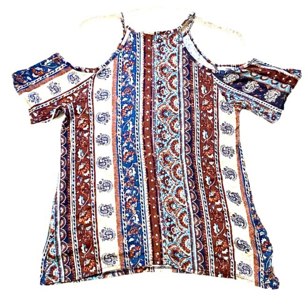La Vie 89 Cold Shoulder Shirt NEW Brown Blue Stretchy Boho Women Large